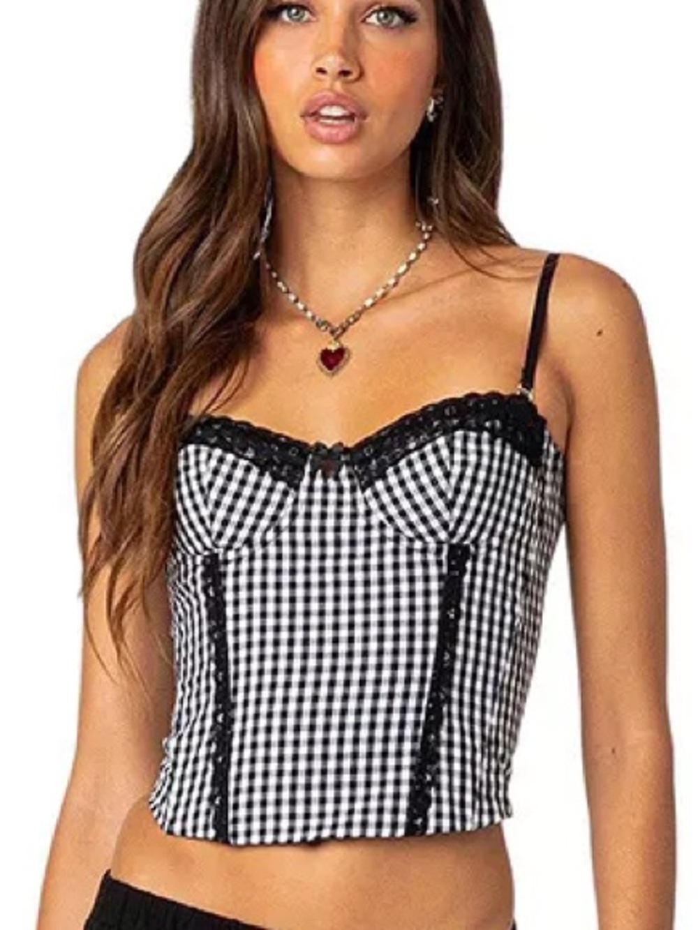 Edikted Black & White Gingham Lace-Trim Corset Top